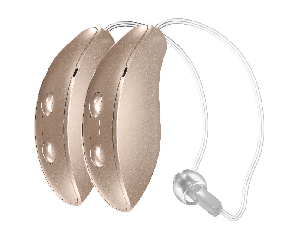 A pair of beige RIC. 312 hearing aids